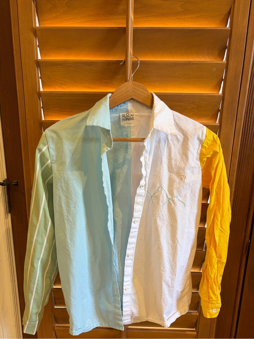Slow Hands Hand embroidered Button-Up Shirt - White, Light Blue & Yellow